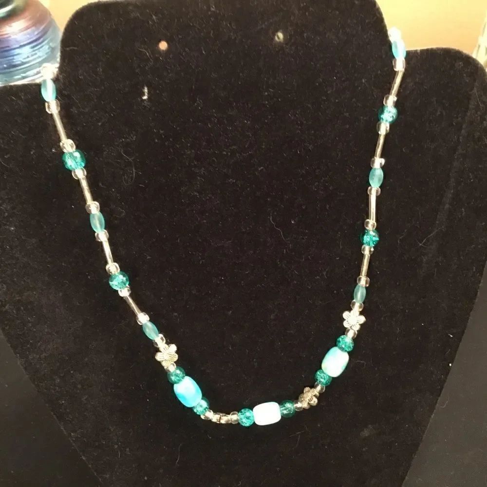 Silvertone Necklace with Clear and Aqua Beads